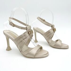 Chanel S/S 2023 Beige Satin Crystal CC Logo Ankle Strap Sandal Heels EU 36
